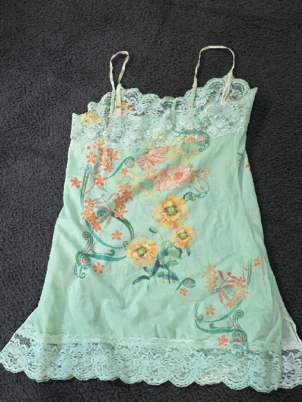 Floral Lace-Trim Long Mint Floral Lace Camisole Night Gown Adj Straps M/L New - Picture 5 of 7
